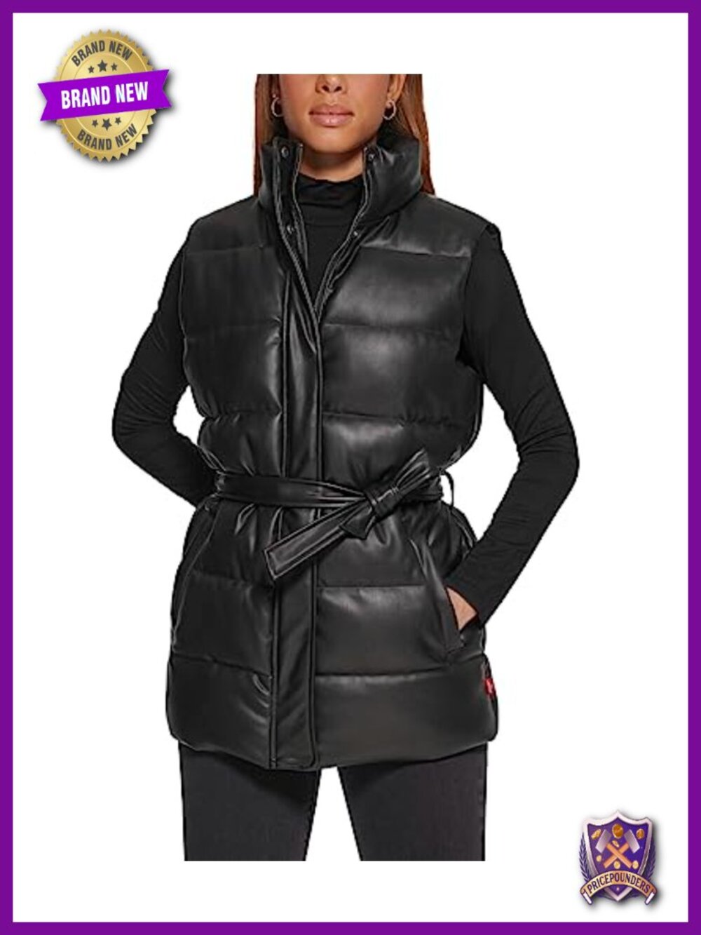 Vegan Leather Puffer Vest Quilted Sleeveless with Belt